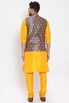 Men yellow & Teal Kurta with Churidar & Printed Nehru Jacket