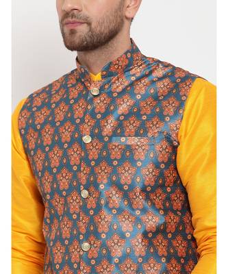 Men yellow & Teal Kurta with Churidar & Printed Nehru Jacket 5