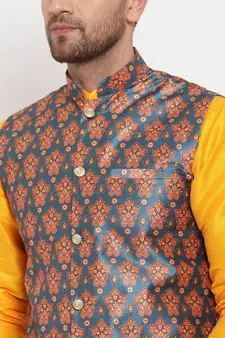 Men yellow & Teal Kurta with Churidar & Printed Nehru Jacket