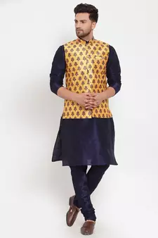 Men Navyblue & Yellow Kurta with Churidar & Printed Nehru Jacket