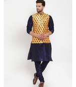 Men Navyblue & Yellow Kurta with Churidar & Printed Nehru Jacket