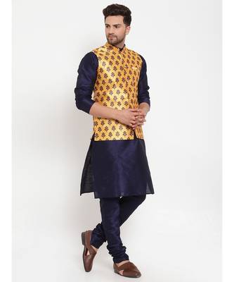 Men Navyblue & Yellow Kurta with Churidar & Printed Nehru Jacket 2