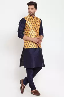 Men Navyblue & Yellow Kurta with Churidar & Printed Nehru Jacket