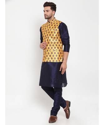 Men Navyblue & Yellow Kurta with Churidar & Printed Nehru Jacket 3