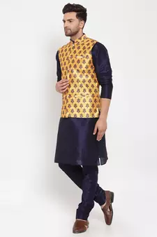 Men Navyblue & Yellow Kurta with Churidar & Printed Nehru Jacket