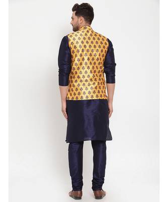 Men Navyblue & Yellow Kurta with Churidar & Printed Nehru Jacket 4