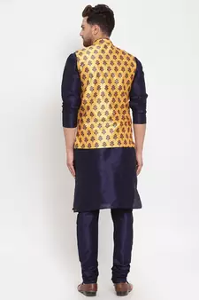Men Navyblue & Yellow Kurta with Churidar & Printed Nehru Jacket