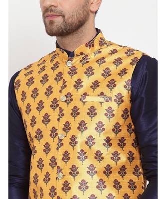 Men Navyblue & Yellow Kurta with Churidar & Printed Nehru Jacket 5