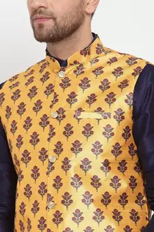 Men Navyblue & Yellow Kurta with Churidar & Printed Nehru Jacket