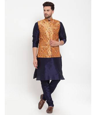 Men Navyblue & yellow Kurta with Churidar & Printed Nehru Jacket 1