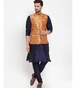 Men Navyblue & yellow Kurta with Churidar & Printed Nehru Jacket