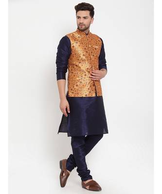 Men Navyblue & yellow Kurta with Churidar & Printed Nehru Jacket 2