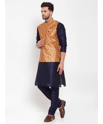 Men Navyblue & yellow Kurta with Churidar & Printed Nehru Jacket 3