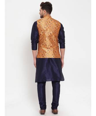 Men Navyblue & yellow Kurta with Churidar & Printed Nehru Jacket 4