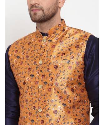 Men Navyblue & yellow Kurta with Churidar & Printed Nehru Jacket 5