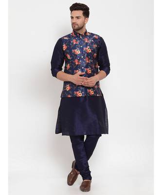 Men Navyblue & Blue Kurta with Churidar & Printed Nehru Jacket 1