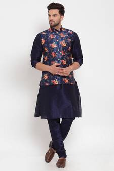 Men Navyblue & Blue Kurta with Churidar & Printed Nehru Jacket