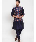 Men Navyblue & Blue Kurta with Churidar & Printed Nehru Jacket