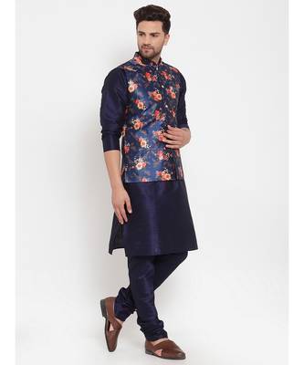Men Navyblue & Blue Kurta with Churidar & Printed Nehru Jacket 2