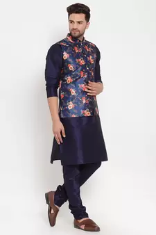 Men Navyblue & Blue Kurta with Churidar & Printed Nehru Jacket