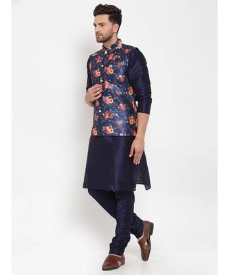 Men Navyblue & Blue Kurta with Churidar & Printed Nehru Jacket 3
