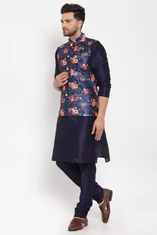 Men Navyblue & Blue Kurta with Churidar & Printed Nehru Jacket