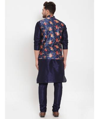 Men Navyblue & Blue Kurta with Churidar & Printed Nehru Jacket 4