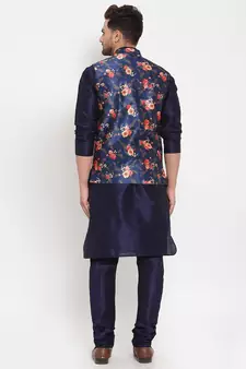 Men Navyblue & Blue Kurta with Churidar & Printed Nehru Jacket