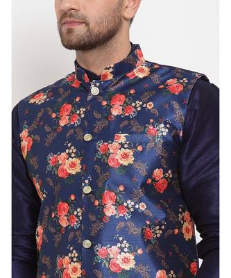 Men Navyblue & Blue Kurta with Churidar & Printed Nehru Jacket 5