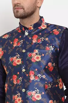 Men Navyblue & Blue Kurta with Churidar & Printed Nehru Jacket