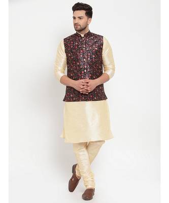 Men Beige & Black Kurta with Churidar & Printed Nehru Jacket 1