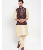 Men Beige & Black Kurta with Churidar & Printed Nehru Jacket