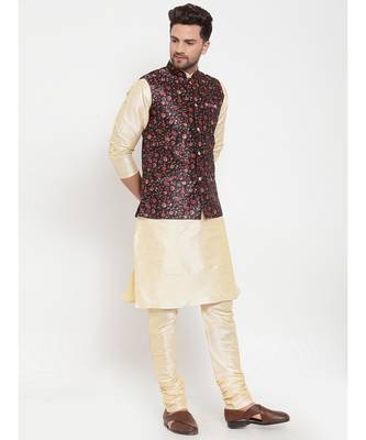 Men Beige & Black Kurta with Churidar & Printed Nehru Jacket 2