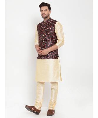 Men Beige & Black Kurta with Churidar & Printed Nehru Jacket 3
