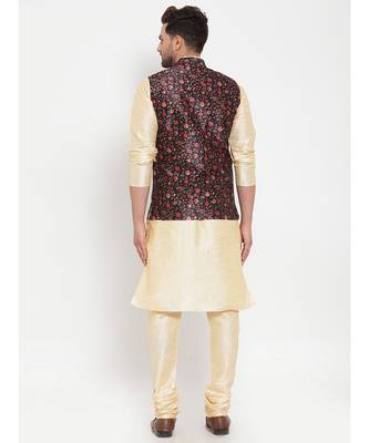 Men Beige & Black Kurta with Churidar & Printed Nehru Jacket 4