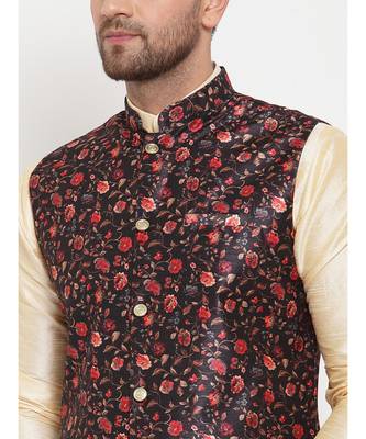 Men Beige & Black Kurta with Churidar & Printed Nehru Jacket 5