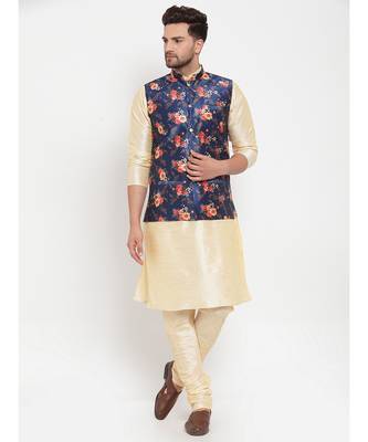 Men Beige & Blue Kurta with Churidar & Printed Nehru Jacket 1