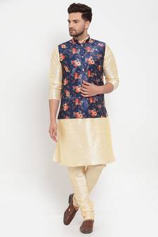 Men Beige & Blue Kurta with Churidar & Printed Nehru Jacket