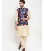 Men Beige & Blue Kurta with Churidar & Printed Nehru Jacket