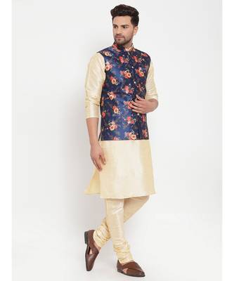 Men Beige & Blue Kurta with Churidar & Printed Nehru Jacket 2