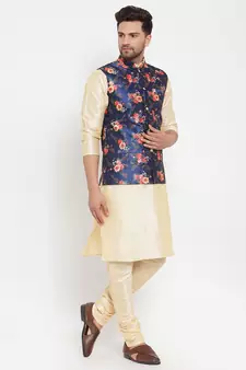 Men Beige & Blue Kurta with Churidar & Printed Nehru Jacket