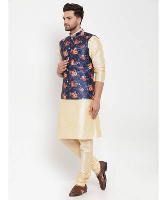 Men Beige & Blue Kurta with Churidar & Printed Nehru Jacket 3