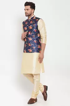 Men Beige & Blue Kurta with Churidar & Printed Nehru Jacket
