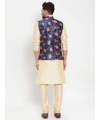 Men Beige & Blue Kurta with Churidar & Printed Nehru Jacket 4
