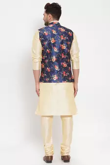 Men Beige & Blue Kurta with Churidar & Printed Nehru Jacket