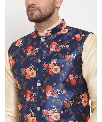 Men Beige & Blue Kurta with Churidar & Printed Nehru Jacket 5