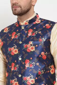 Men Beige & Blue Kurta with Churidar & Printed Nehru Jacket
