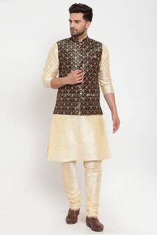 Men Beige & Green Kurta with Churidar & Printed Nehru Jacket