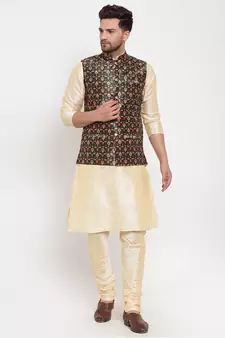 Men Beige & Green Kurta with Churidar & Printed Nehru Jacket