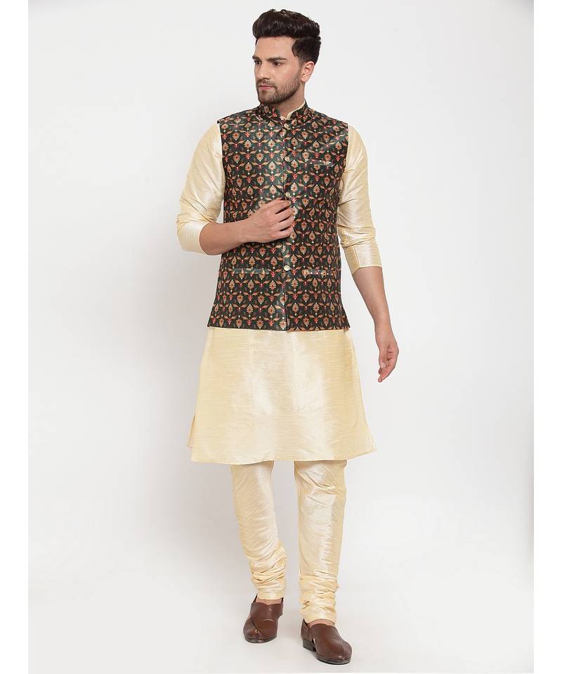 Men Beige & Green Kurta with Churidar & Printed Nehru Jacket